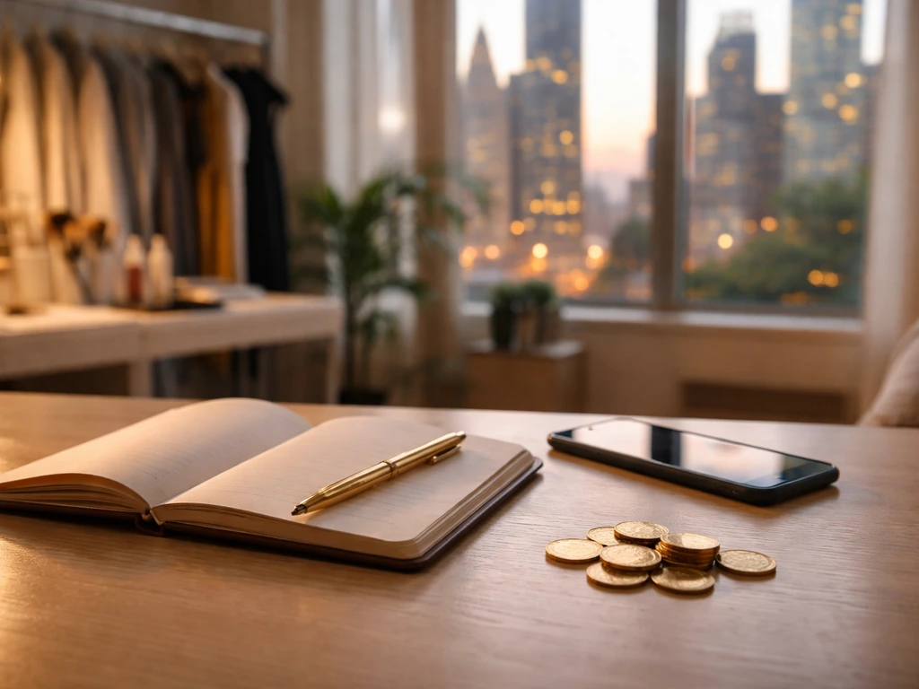 Minimal desk scene with a smartphone, notebook, and a brass pen beside scattered coins and a blurred city view.