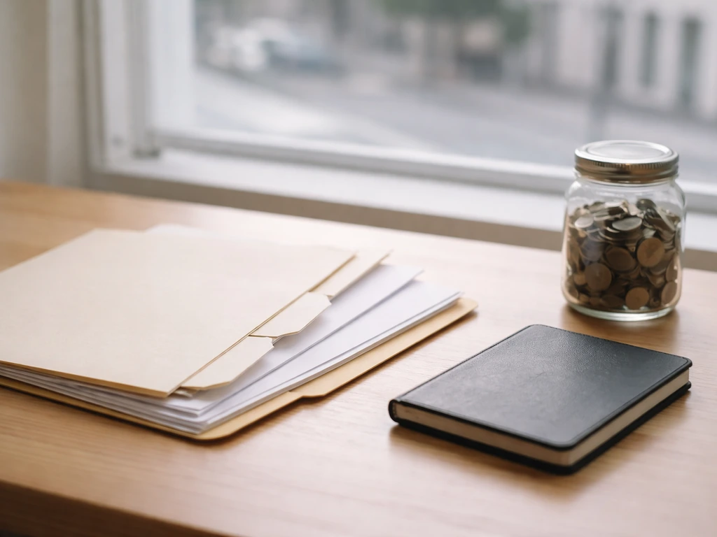 Open folder and blank papers with coins on a desk, symbolizing careful verification of private income sources.