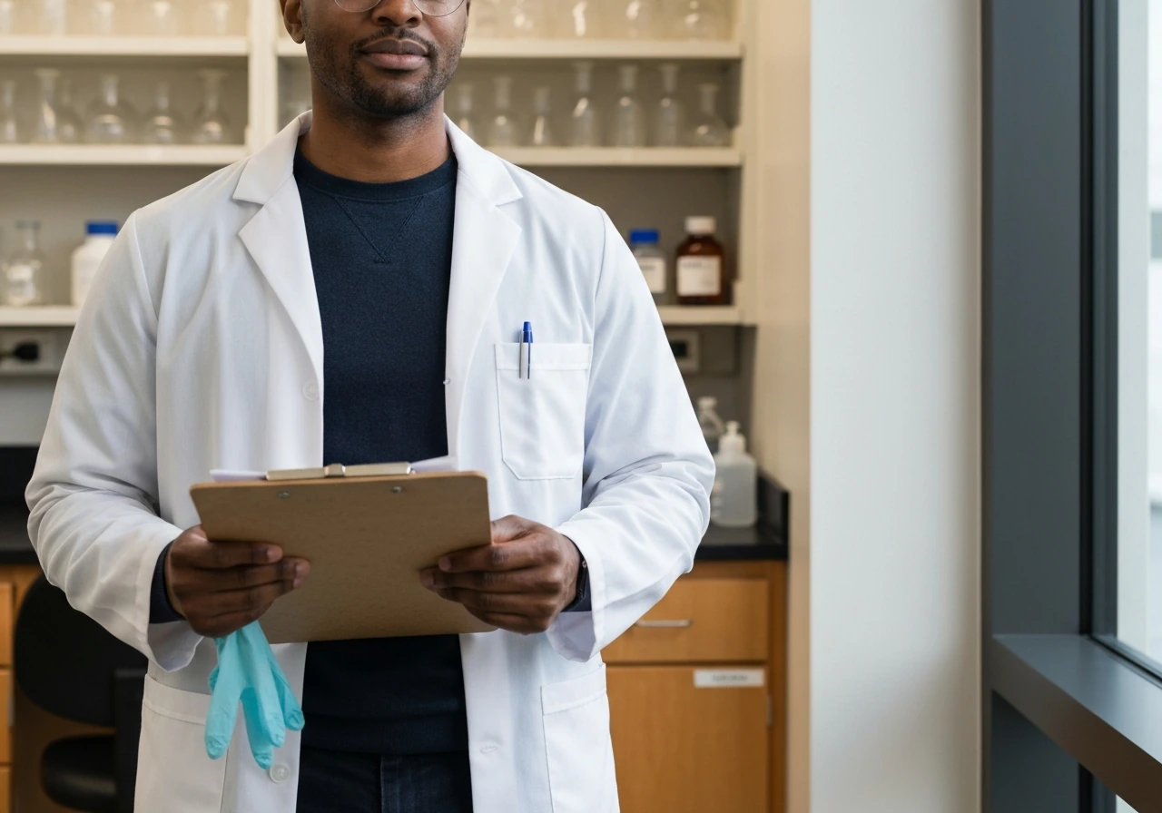 Anonymous biomedical researcher in a minimal lab office with soft city light and blurred lab equipment.