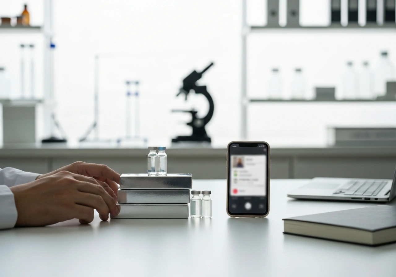 Hands arranging healthcare startup items on a desk with a blurred lab background for wealth sources.