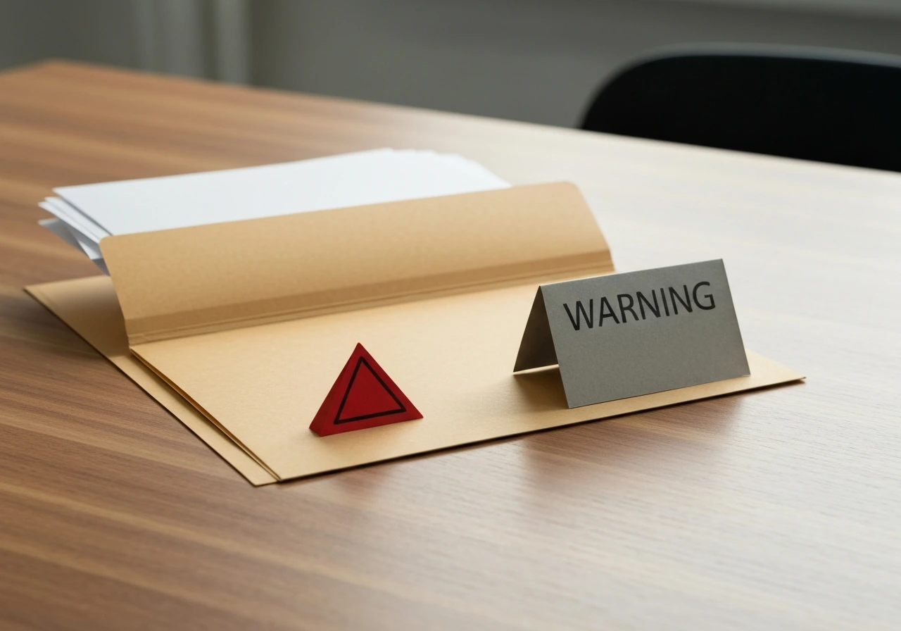 Minimal desk scene showing empty folder placeholders and a gray warning box motif for data gaps.