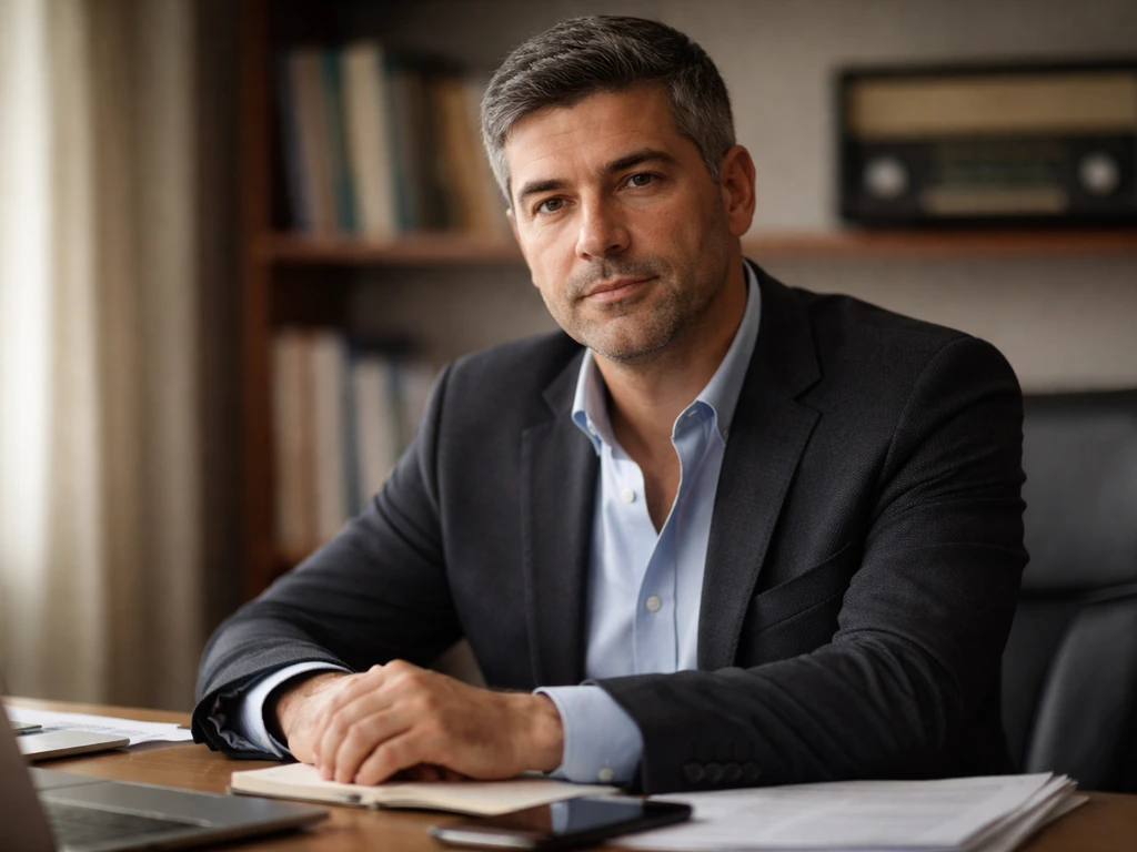 Authoritative portrait of a Greek journalist/media publisher in a quiet office with books and a vintage radio blurred be