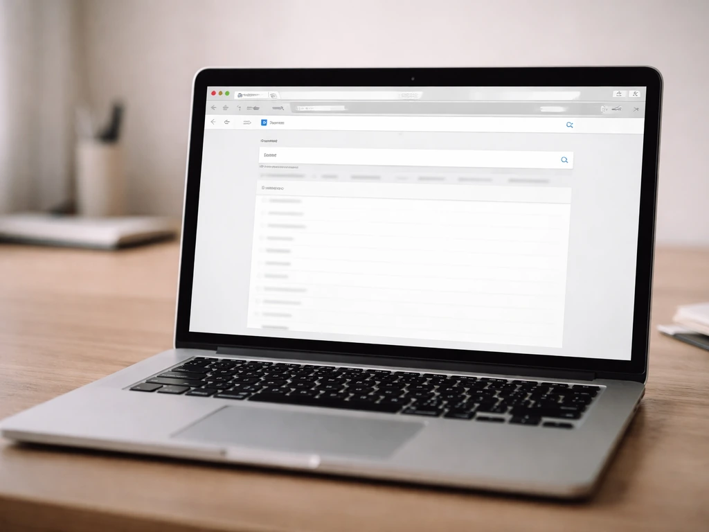 Close-up of a laptop showing a Greek business registry search page with a blank results area.