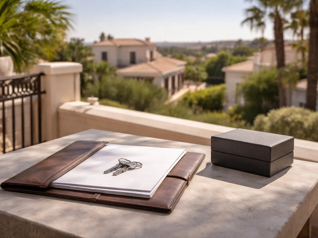 Luxury balcony scene with keys and documents on a stone table, overlooking upscale villas in soft light.