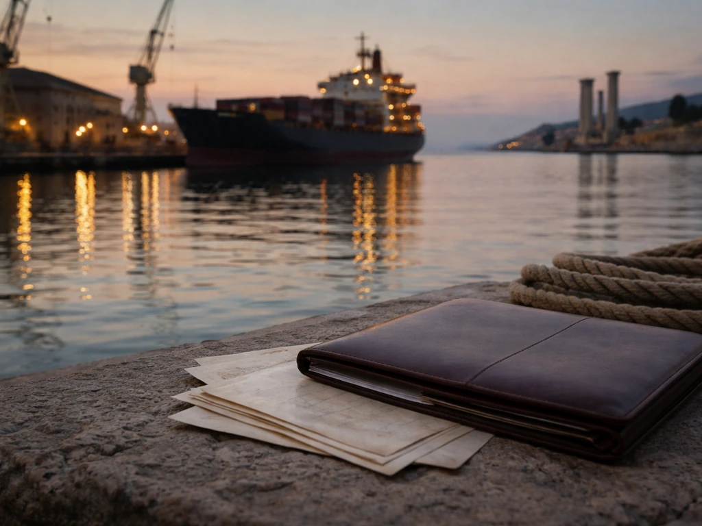 Cargo ship in a Mediterranean harbor with a leather folder and blank estate documents in the foreground.