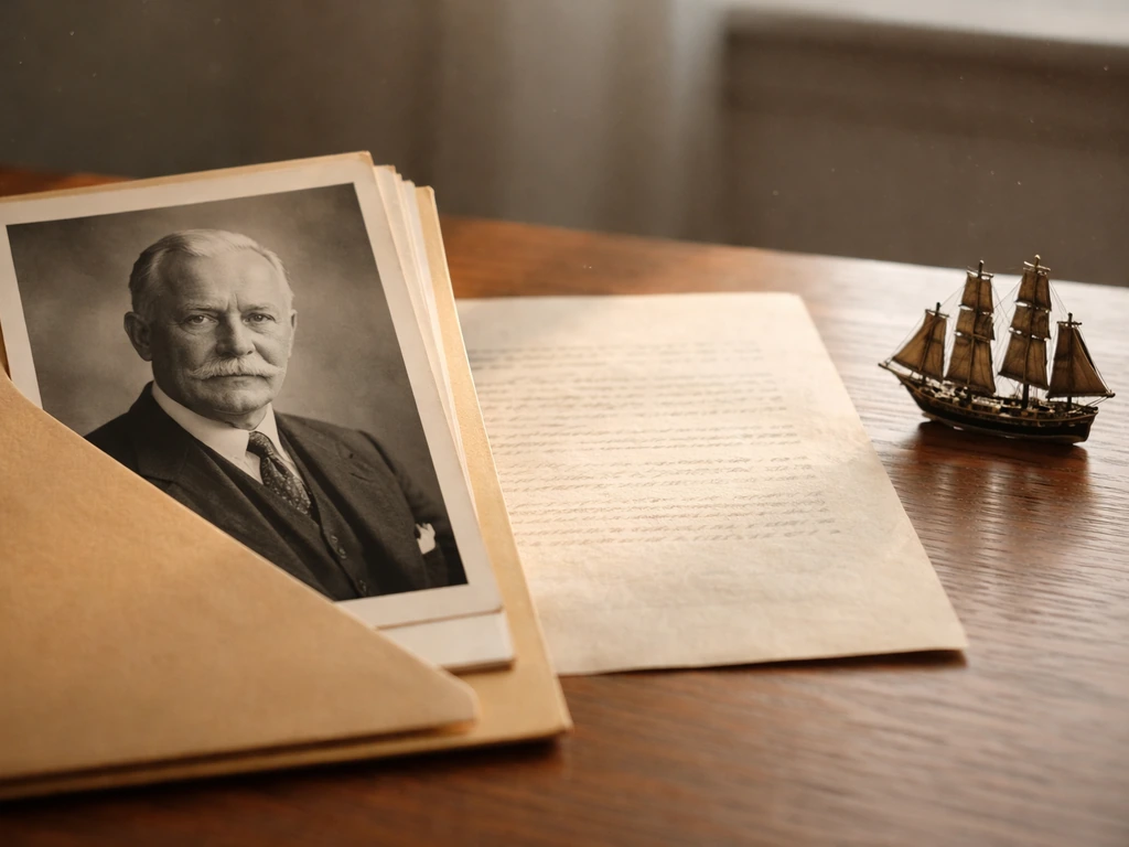 Minimal archival shipping-themed scene with a vintage photo, letter, and a bronze ship figure on a desk