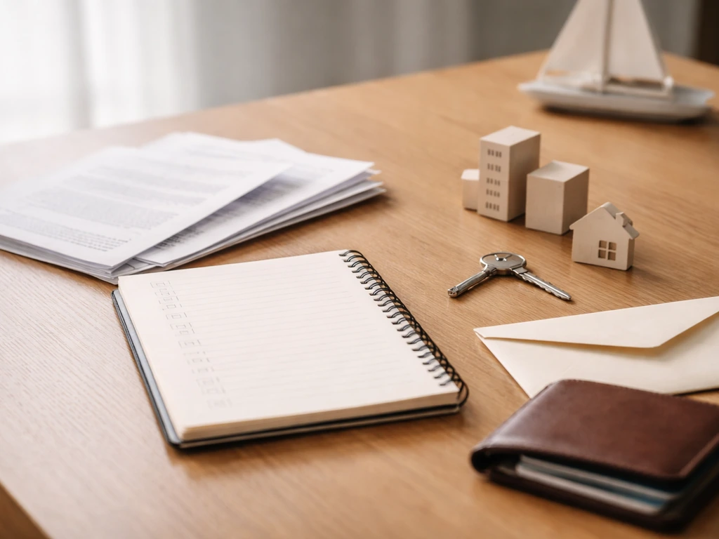 Desk scene with blank checklist, property/finance papers, and small asset symbols under natural light.