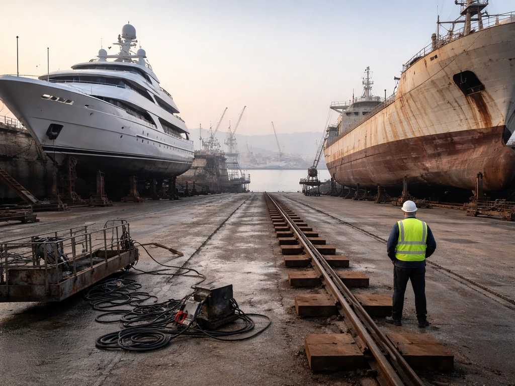 Greek harbor dry dock with a worker and shipping vessels, suggesting maritime business and wealth
