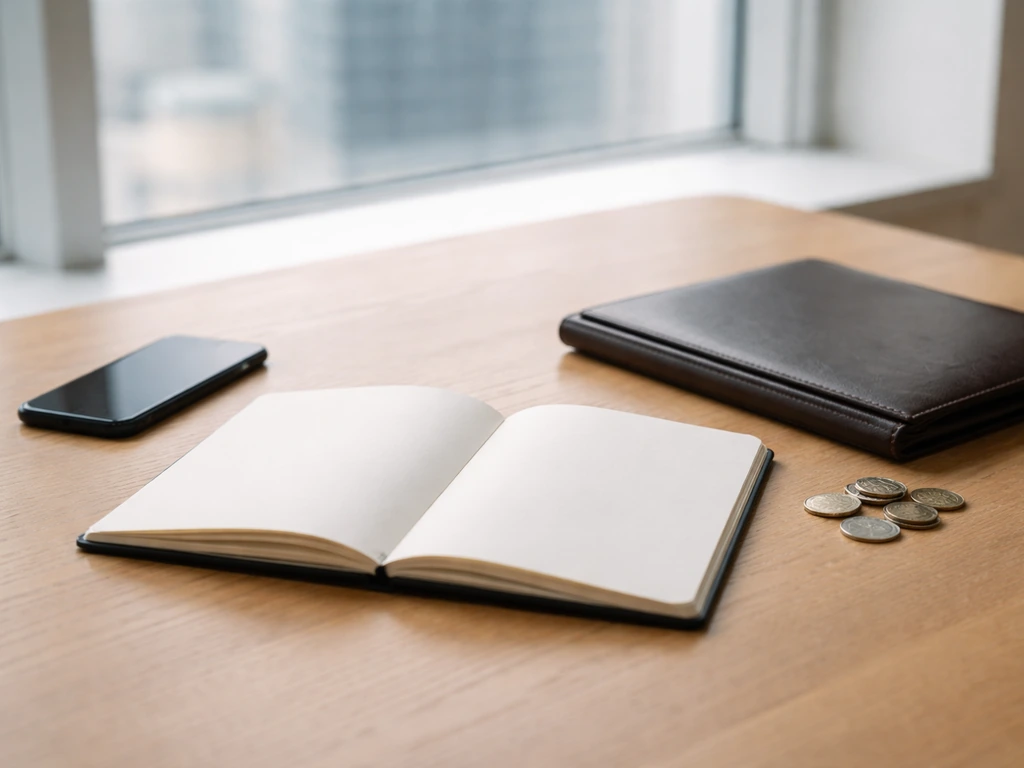 Minimal desk with blank notebook, coins, and smartphone symbolizing lack of credible net-worth sources