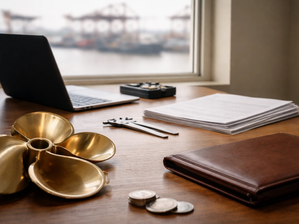 Minimal desk scene with shipping hardware, coins, and a harbor view through a window.