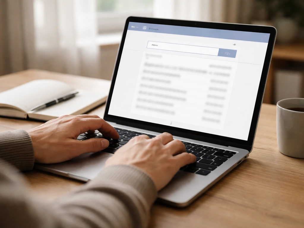 Hands using a laptop to research a business registry search on a government-style website