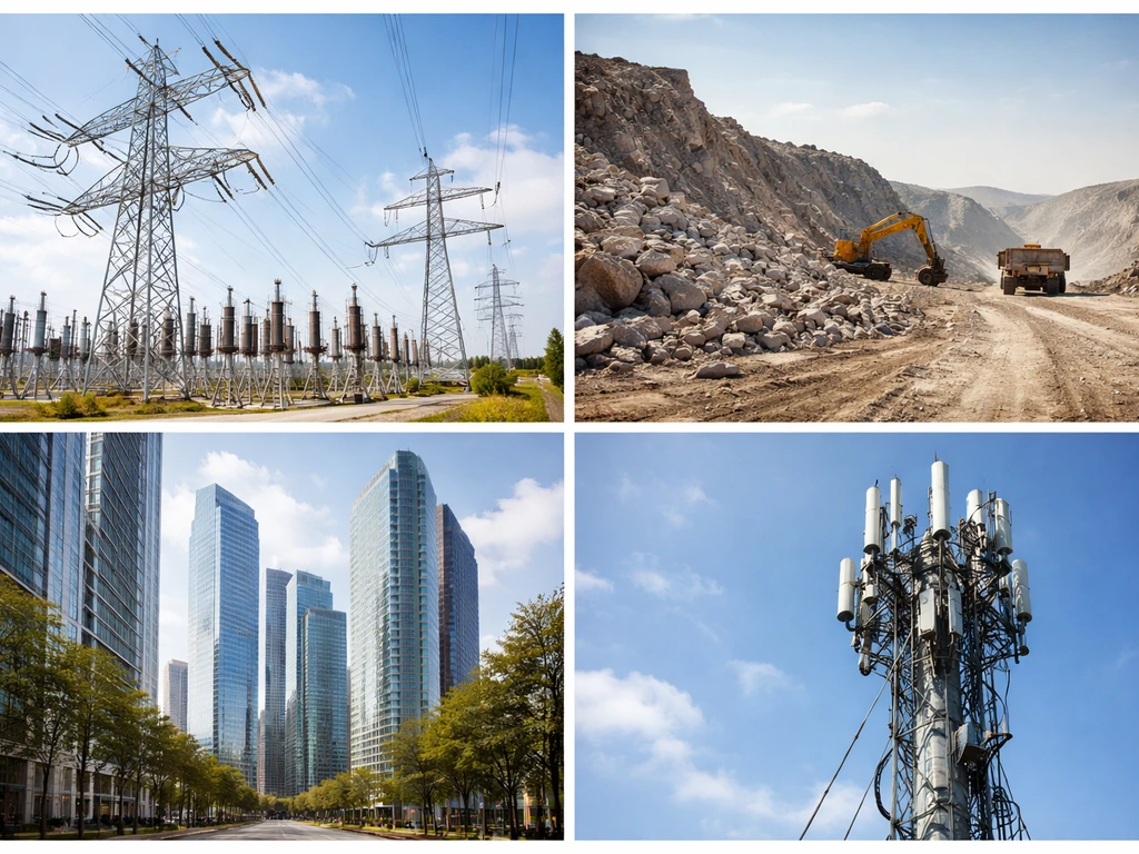 Minimal collage-style scene showing business assets: energy substation, mining rock, real estate skyline, telecom antenn