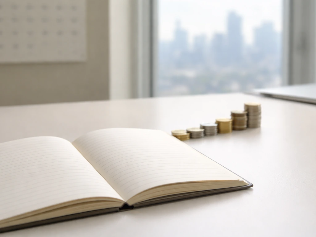 Minimal photo of an office desk with a notebook and coins, evoking a business milestones timeline since 1972.