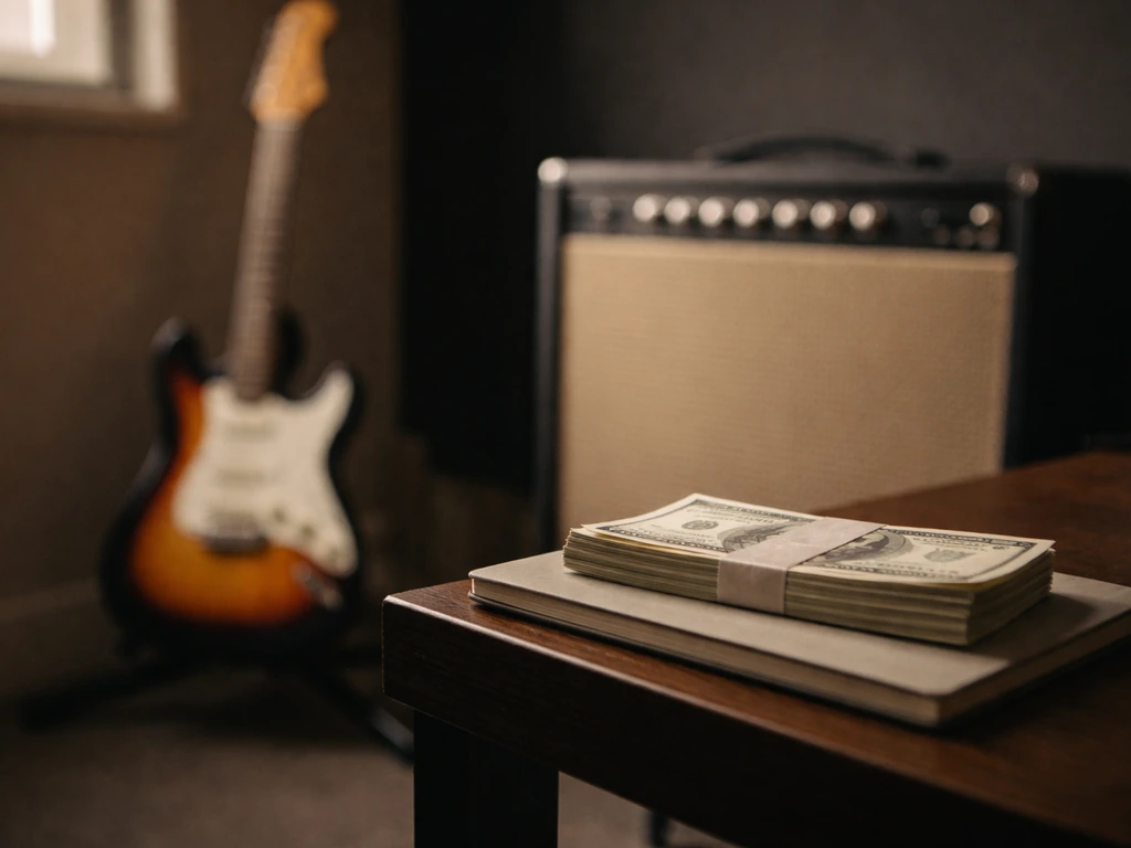 Minimal studio scene with a guitar amplifier and subtle cash-like props symbolizing a musician’s earnings.
