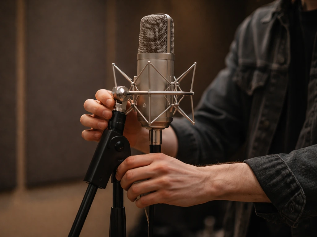 Close-up of a musician’s hands adjusting a studio microphone in a quiet recording room