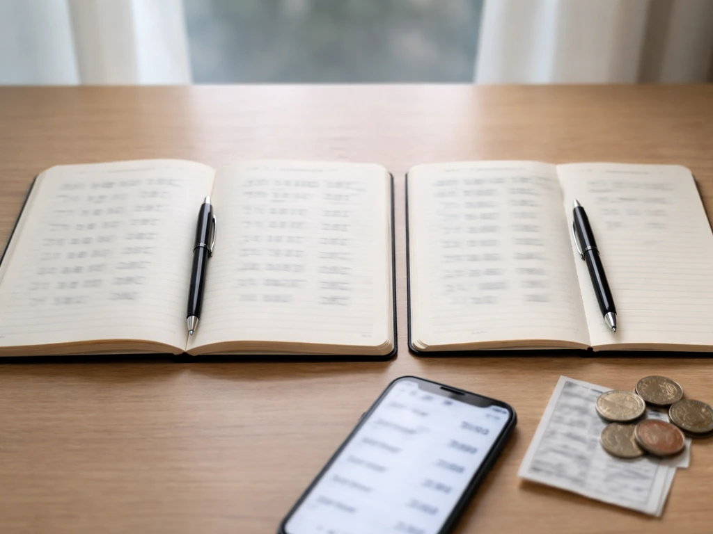 Two open notebooks on a desk with a smartphone showing different dollar figures blurred, symbolizing net worth estimates