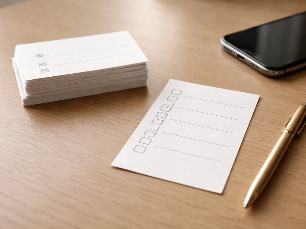 Minimal desk scene with paper source cards, checklist-style card, pen, and smartphone for verification concept.