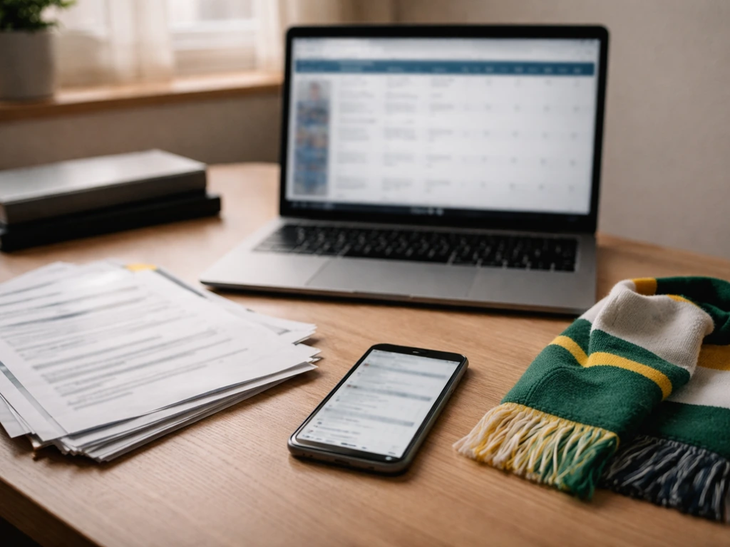 Anonymous desk scene with a laptop, football memorabilia, and identity verification documents