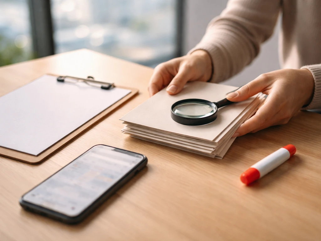 Minimal desk scene with documents and a smartphone showing web-search intent without readable text.