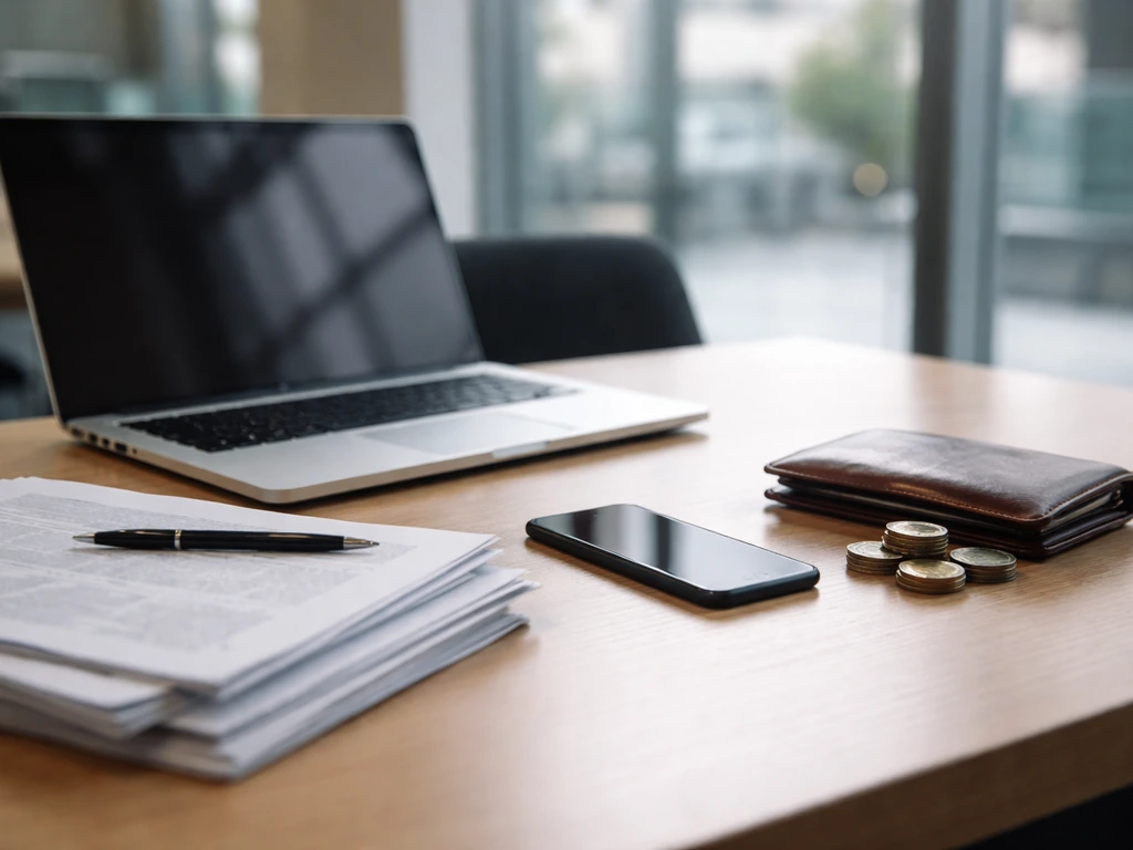 Minimal photo of a bank office desk with a laptop, documents, and a small stack of coins symbolizing net worth estimatio