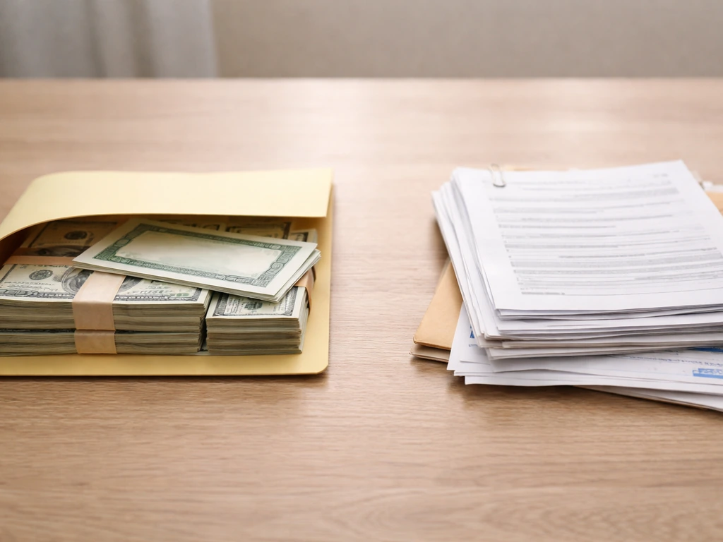 Tabletop scene with an assets folder of cash and a liabilities stack of bills, showing subtraction gap.