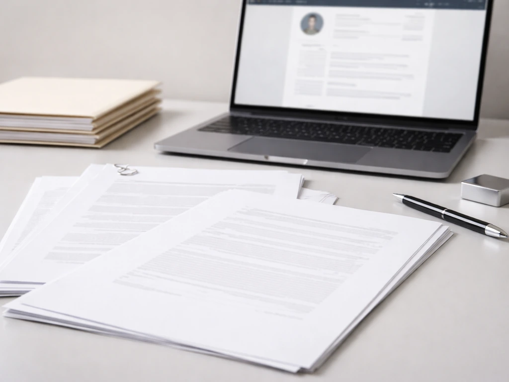 Close-up of corporate document pages beside a laptop showing an anonymous insider-profile style webpage layout