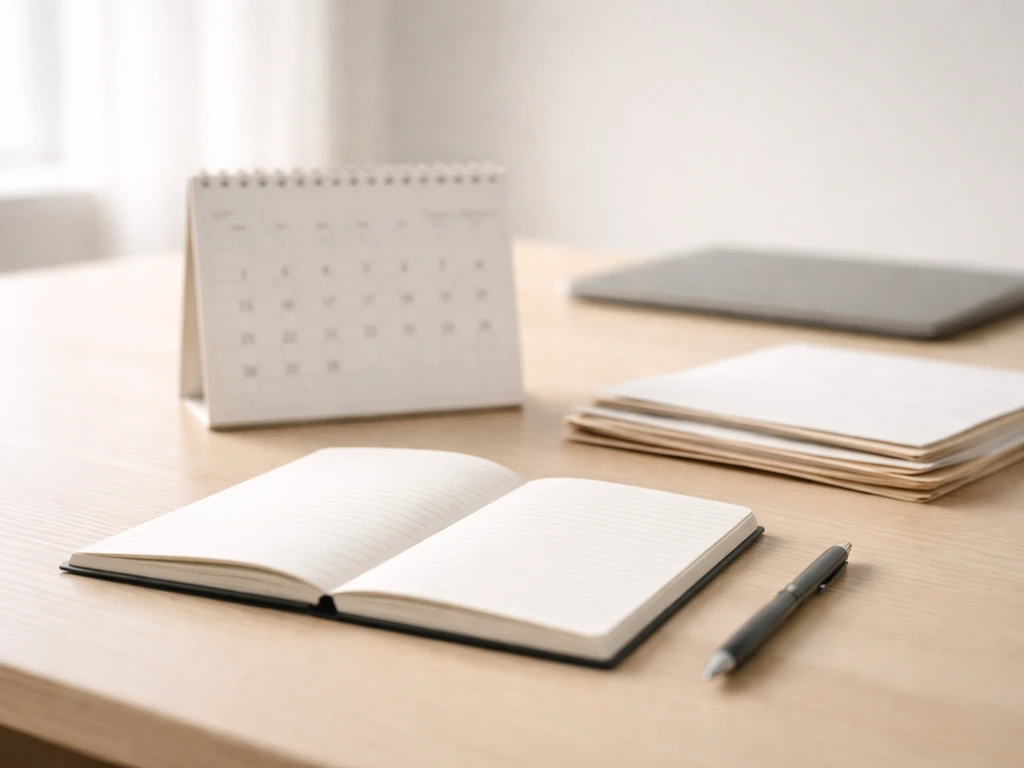 Minimal desk scene with a calendar and documents suggesting periodic source rechecks for conflicting estimates.