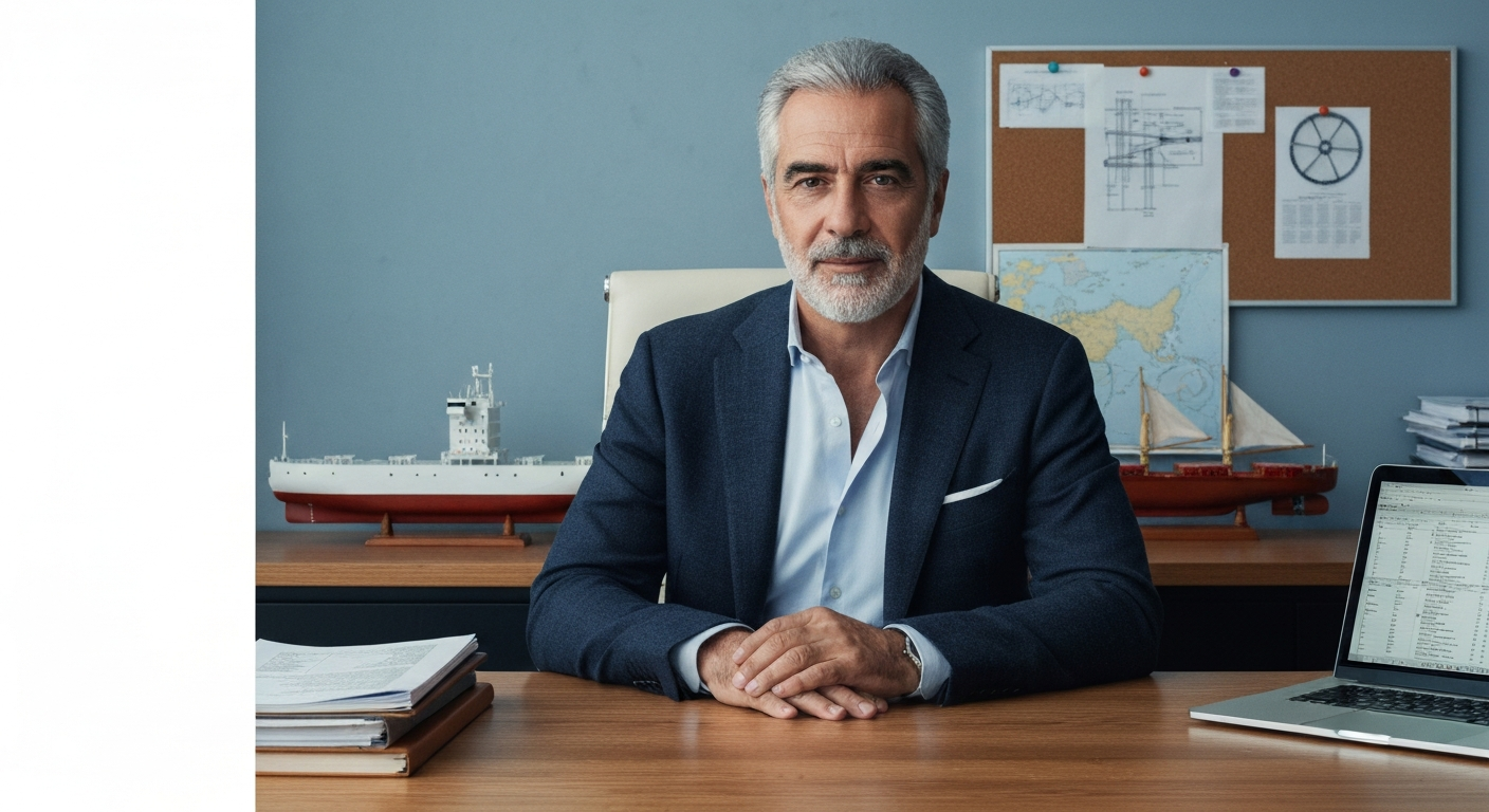 Editorial-style portrait of a middle-aged investment professional in a modern office with maritime and financial elements (model ship, Rotor Sail schematic, documents).