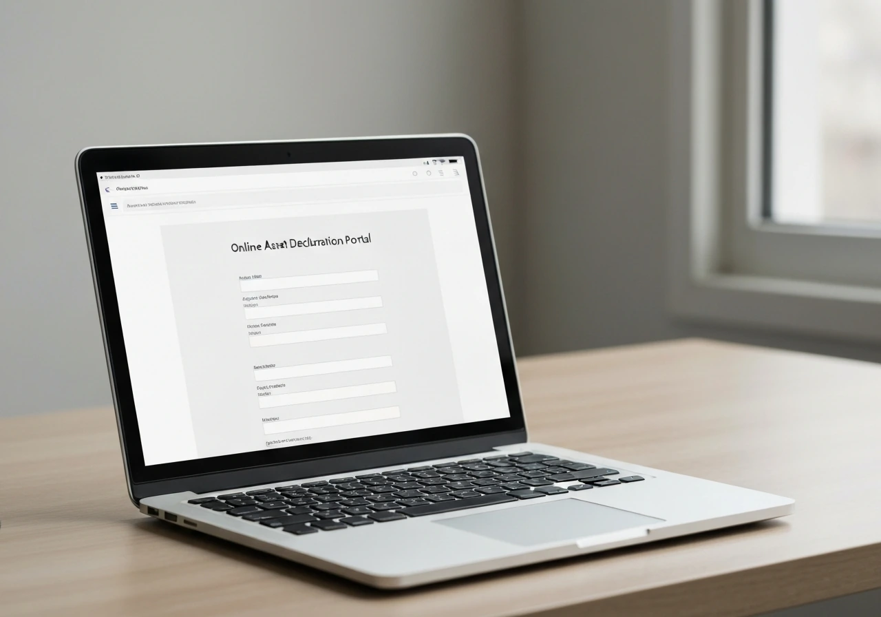 Minimal photo of a laptop open on a desk with a blank online form-style layout concept