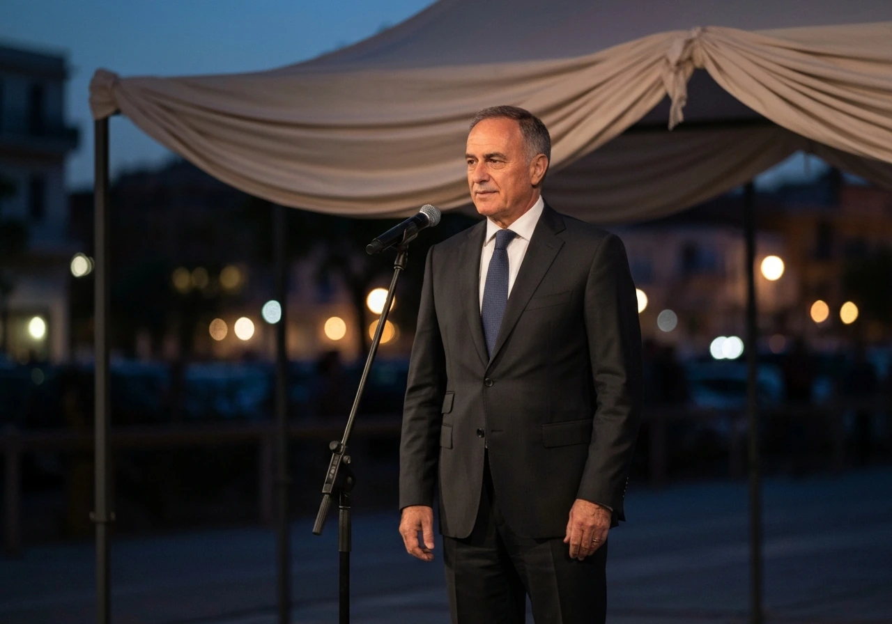 Anonymous man in a suit at a public event near a microphone, softly lit city background at dusk.