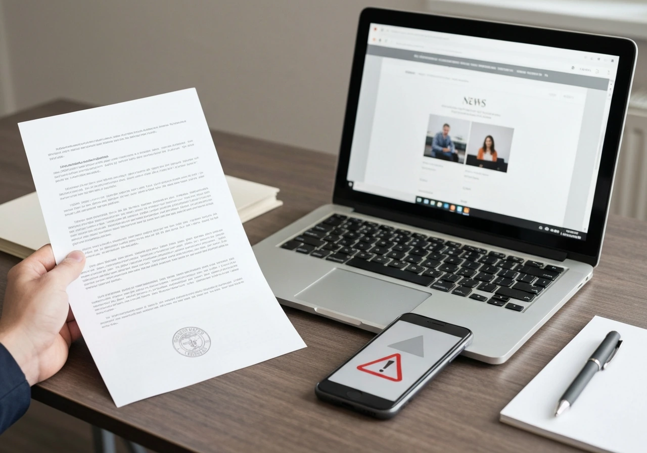 Hand holding a document near a phone showing a warning sign, symbolizing reliable vs unreliable sources.
