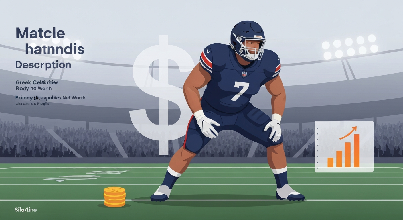 Stylized vector illustration of a generic NFL defensive lineman in a stadium with overlaid financial icons (dollar sign, stacked coins) and a small bar chart, for an article about Matt Ioannidis's net worth.