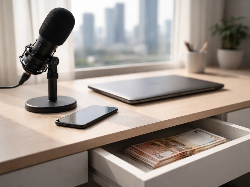 Minimal office desk with microphone, laptop, and a small stack of euro banknotes by a window.