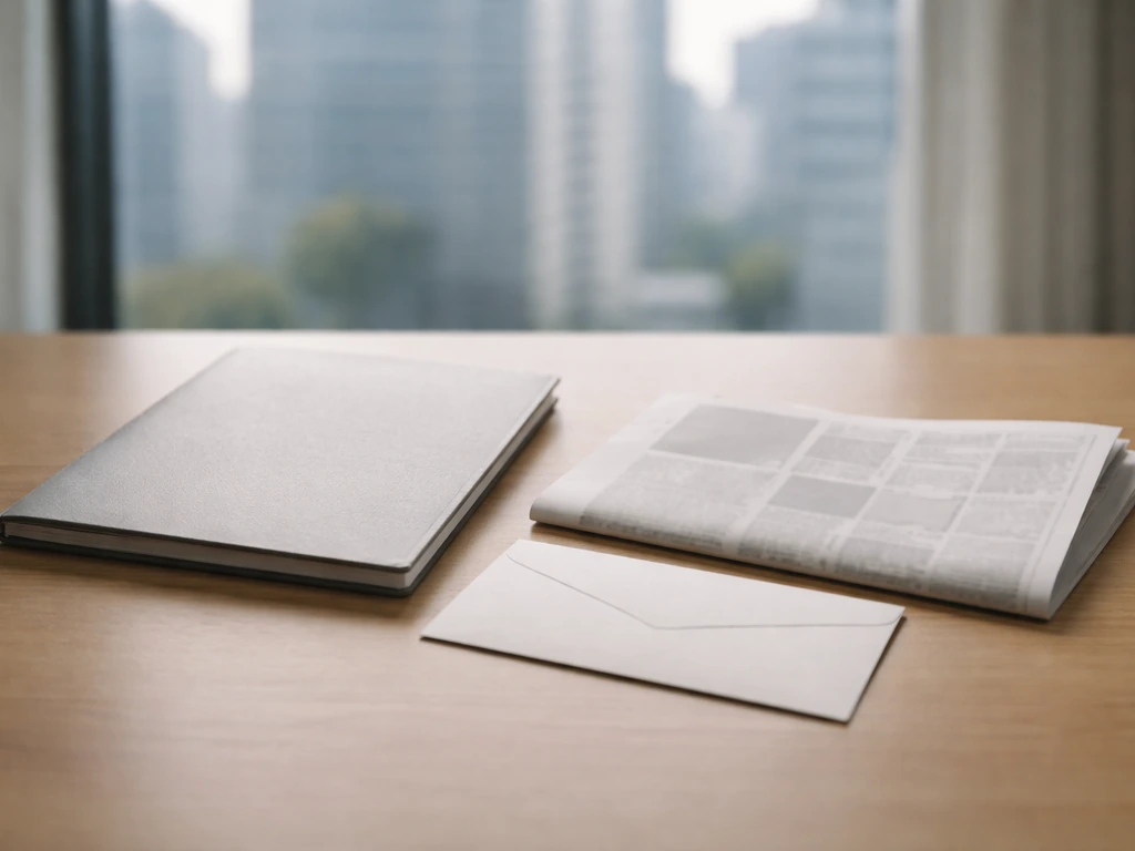 Minimal office desk with a newspaper-style page and a blank email-style envelope, suggesting a major acquisition announc