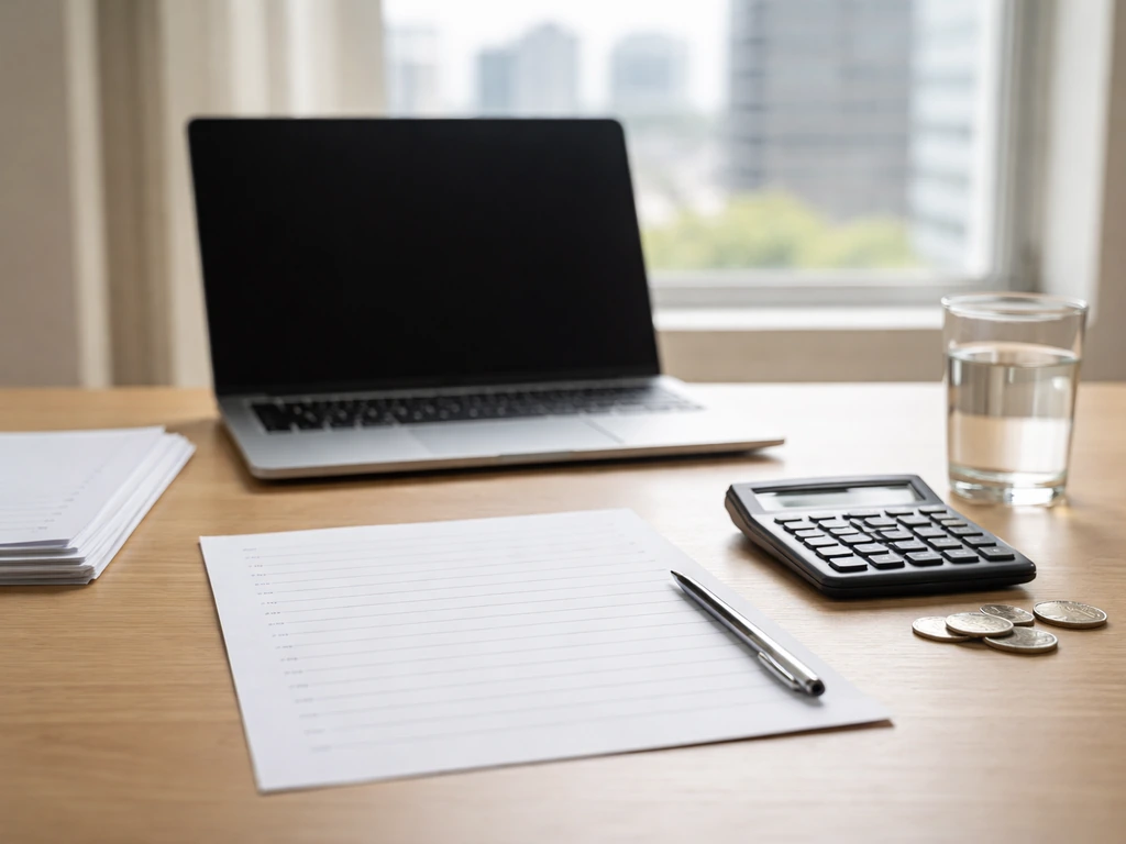 Minimal office desk with calculator and coins, suggesting private financial net-worth range building steps.