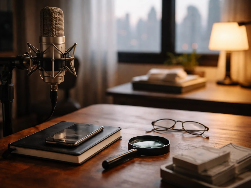 Minimal recording studio desk with microphone, magnifying glass, and money props for net-worth estimation theme.