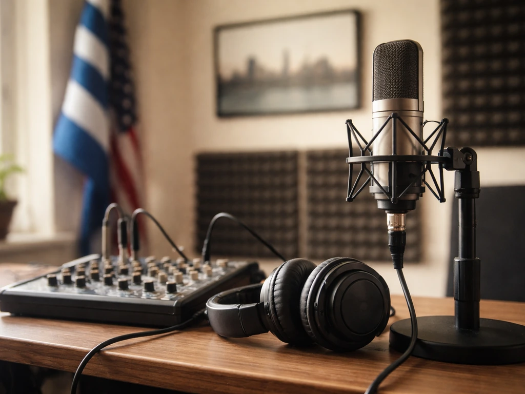 Unbranded recording studio scene with microphone and headphones, suggesting music career and wealth curiosity