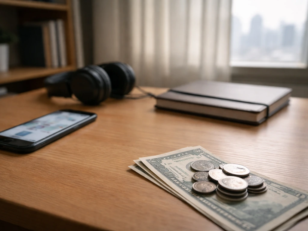 Minimal home studio desk with coins, bills, smartphone, and headphones suggesting a net-worth estimate workflow.