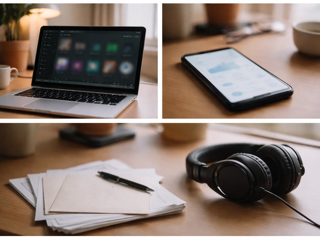 Minimal workspace with music streaming artifacts and financial documents for verifying an estimate