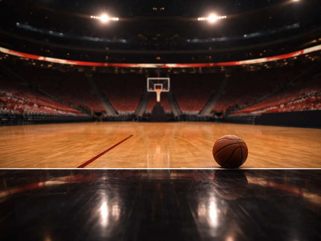 Empty basketball arena court at dusk with a faint Olympiacos-style atmosphere, suggesting a veteran sports career