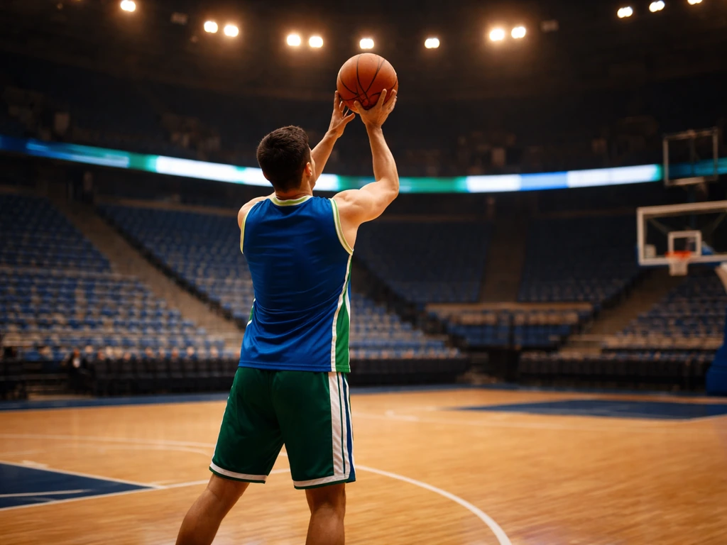 Basketball player in blue-green jersey shooting on an indoor arena court with subtle arena lighting.