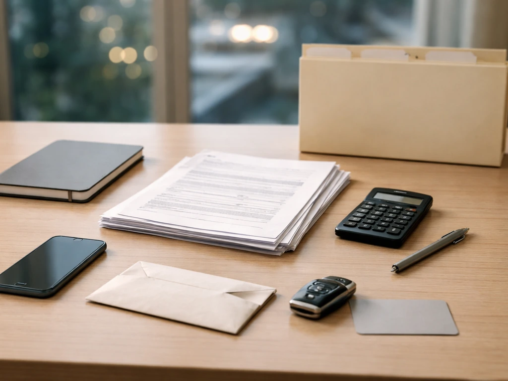 Minimal desk setup with calculator, papers, and envelopes suggesting a net-worth estimate methodology.