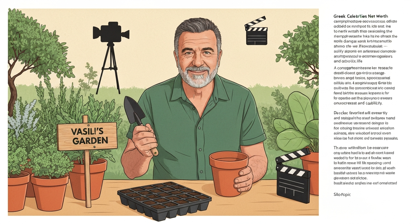Illustrated portrait of Vasili Kanidiadis in a community garden, holding a trowel beside a 'Vasili's Garden' sign with subtle TV motifs in the background.
