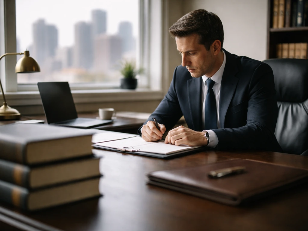 Alexander Dimitri Lascaris in a quiet Montreal legal office, photographed with an authoritative, professional feel.