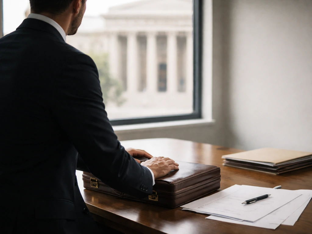 An anonymous lawyer working at a tidy desk with legal files and a courtroom view through a window