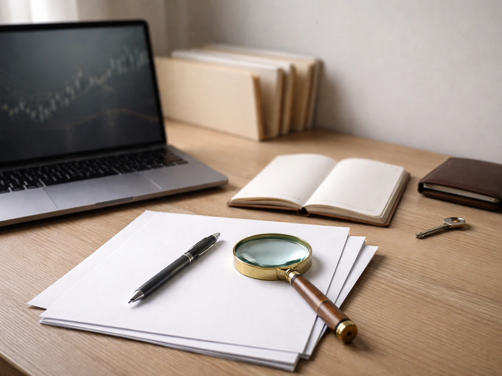 Minimal desk scene with laptop, blank papers, pen, magnifying glass, and finance cues for a net-worth workflow.