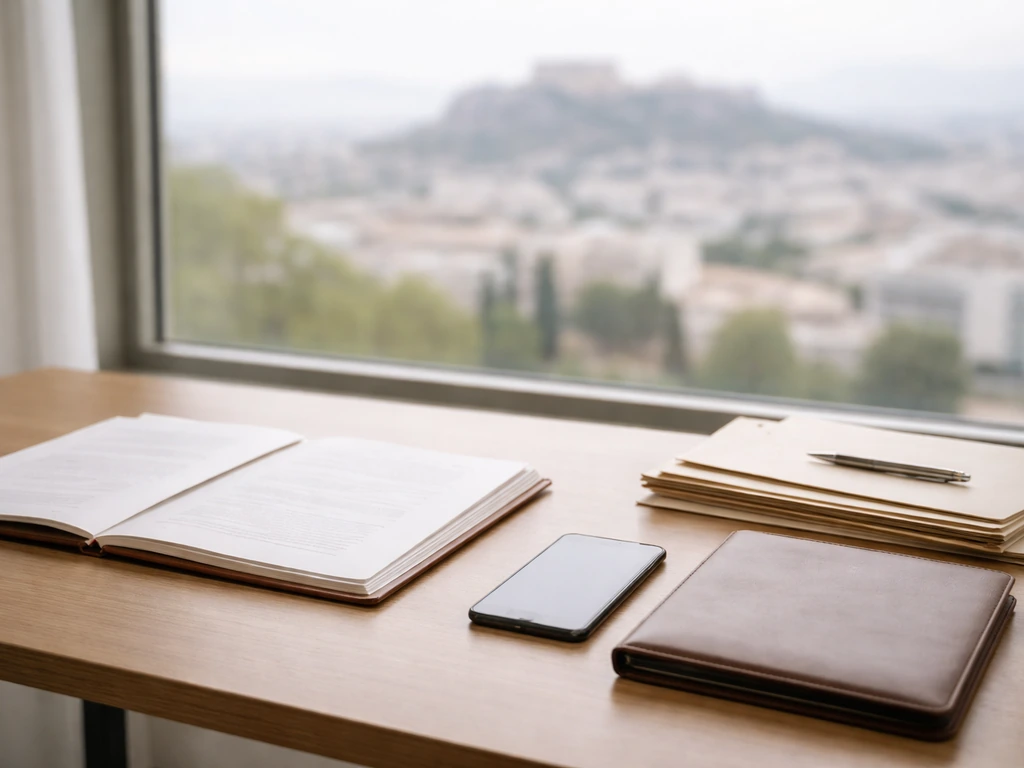 Minimal Athens office desk with a smartphone, paperwork, and a soft view of city skyline suggesting net-worth research.