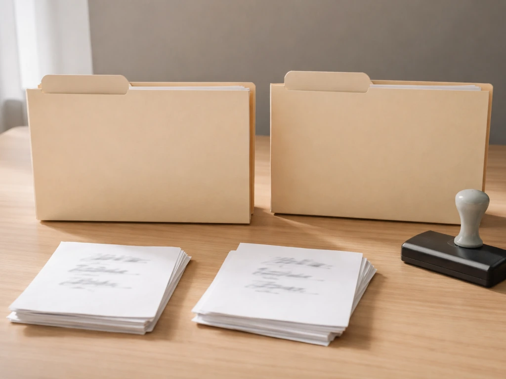 Minimal desk scene with two folders labeled by blank tabs and blurred name cards showing ambiguity