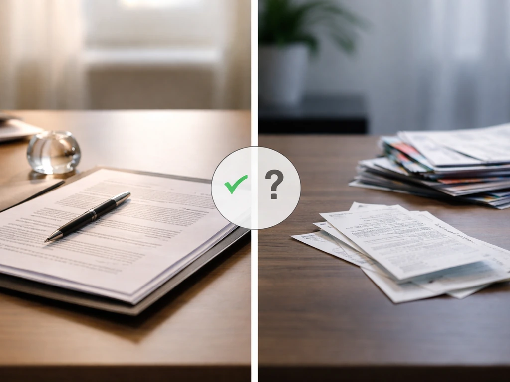 Minimal split-screen of two anonymous finance desk scenes with differing document trust mood