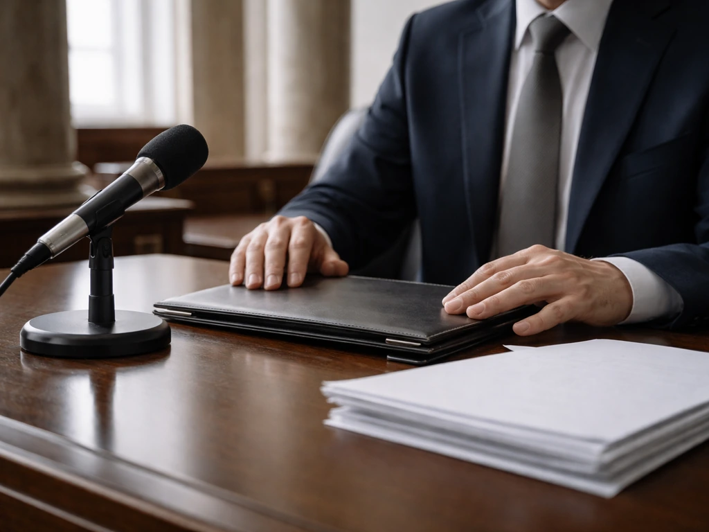 Minimal photo of an anonymous politician working at a government desk with a microphone and documents, symbolizing publi